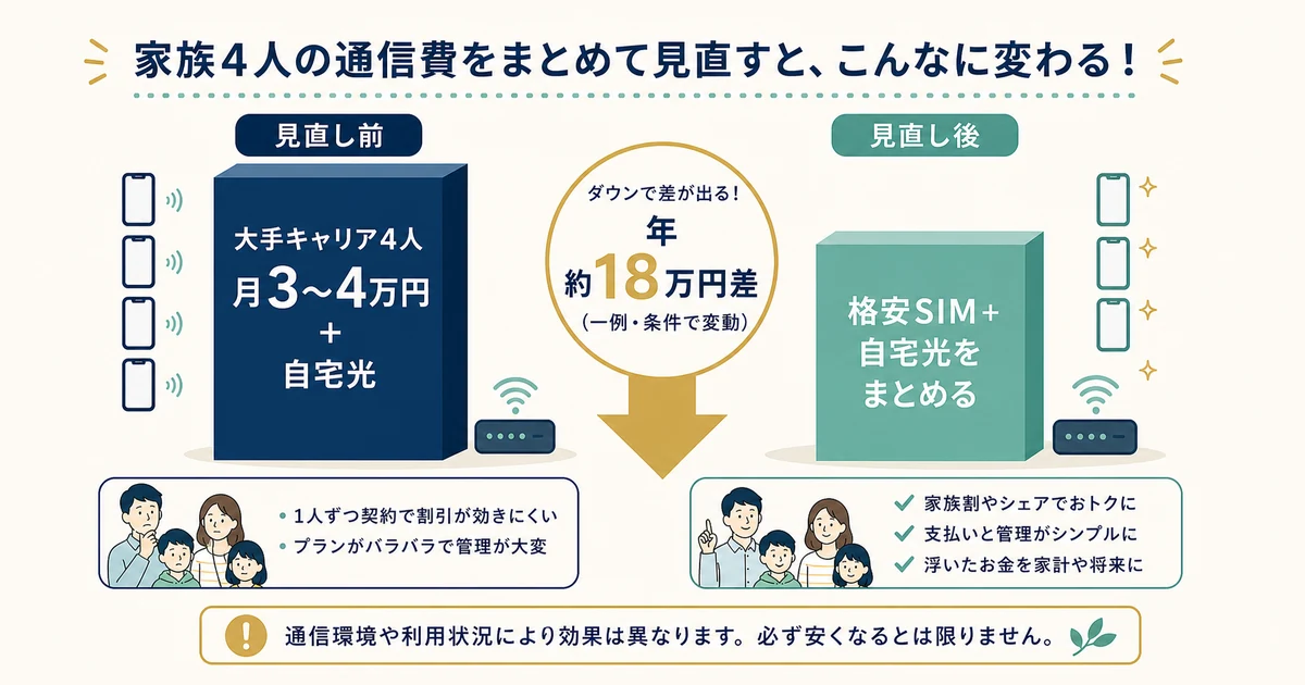 家族のスマホ 大手キャリアと格安SIM+光の比較 4人家族モデル|家族の固定費見直し 家族のスマホ 大手キャリアと格安SIM+光の比較 4人家族モデル|家族の固定費見直し