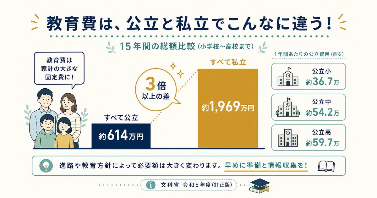 教育費 公立と私立の15年総額の比較|家族の固定費見直し 教育費 公立と私立の15年総額の比較|家族の固定費見直し