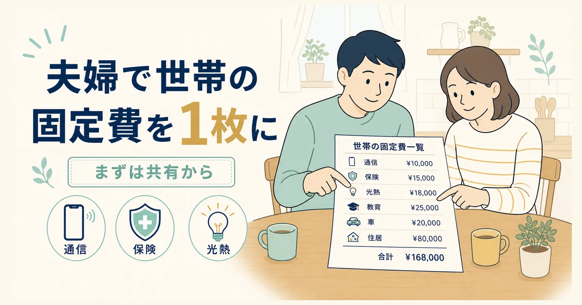 まず夫婦で「世帯の固定費」を一覧化して共有する【家族特化の起点】|家族の固定費見直し まず夫婦で世帯の固定費を一覧化して共有する|家族の固定費見直し