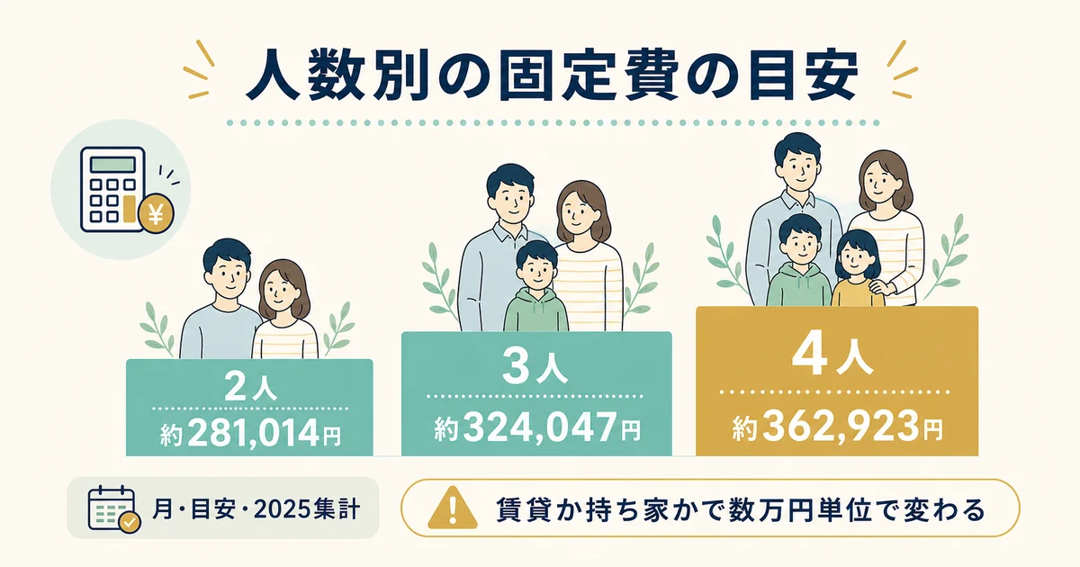 世帯人数別(2人/3人/4人)の生活費の目安(住居費で大きく動く注意)|家族の固定費見直し 世帯人数別2人3人4人の生活費の目安|家族の固定費見直し