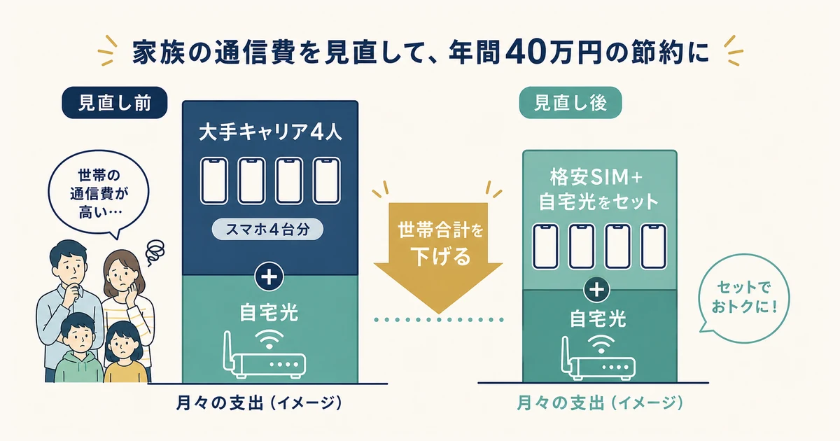 格安SIM+自宅光回線セットで世帯合計を下げる(4人家族の削減モデル)|家族の固定費見直し 格安SIMと自宅光回線セットで世帯合計を下げる|家族の固定費見直し