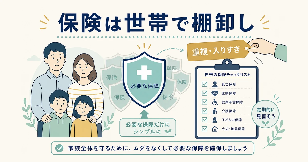 【②保険料】世帯の保険を棚卸しして「入りすぎ・重複」を解消|家族の固定費見直し 保険料 世帯の保険を棚卸しして入りすぎ・重複を解消|家族の固定費見直し