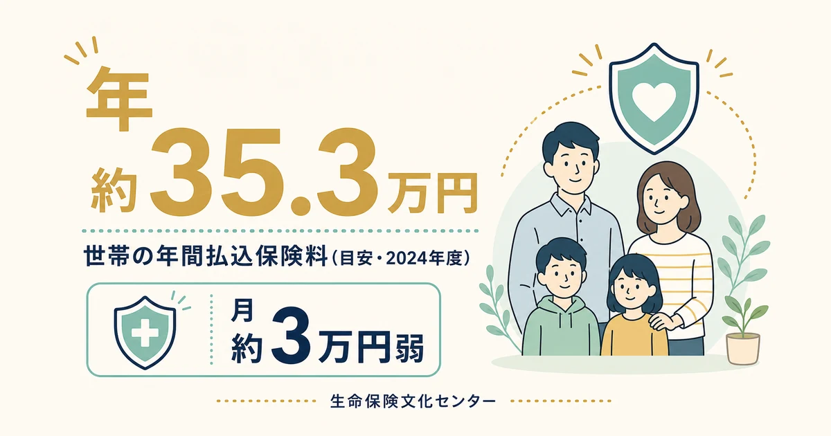 世帯の年間払込保険料の平均(生命保険文化センター)|家族の固定費見直し 世帯の年間払込保険料の平均は約35.3万円|家族の固定費見直し