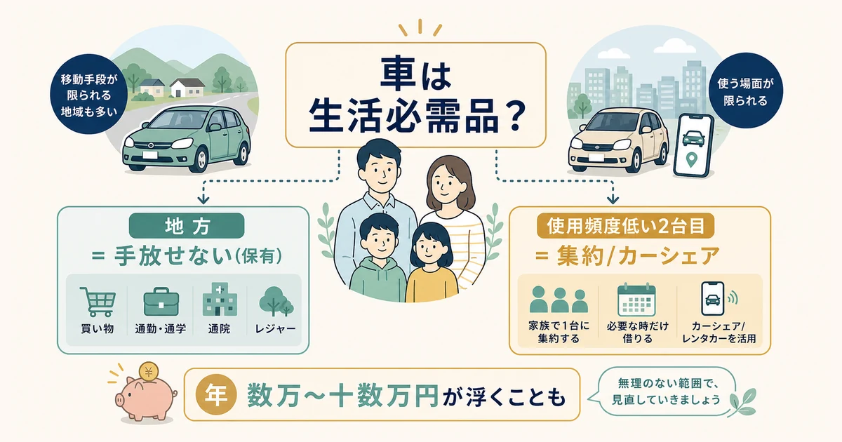 2台→1台集約・カーシェア併用の判断軸(地域差に注意)|家族の固定費見直し 2台を1台に集約しカーシェア併用の判断軸 地域差に注意|家族の固定費見直し