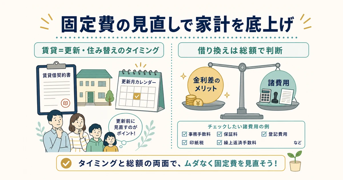 賃貸は更新・住み替えのタイミングで/持ち家は住宅ローン借り換えを「諸費用込み」で判断|家族の固定費見直し 賃貸は更新時に・持ち家は借り換えを諸費用込みで判断|家族の固定費見直し