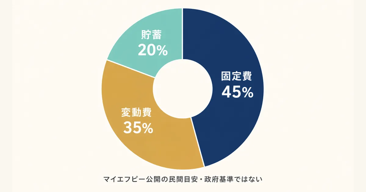 固定費と変動費の違いとは_diagram-07 固定費45%変動費35%貯蓄20%の割合円グラフ|固定費と変動費の違いとは