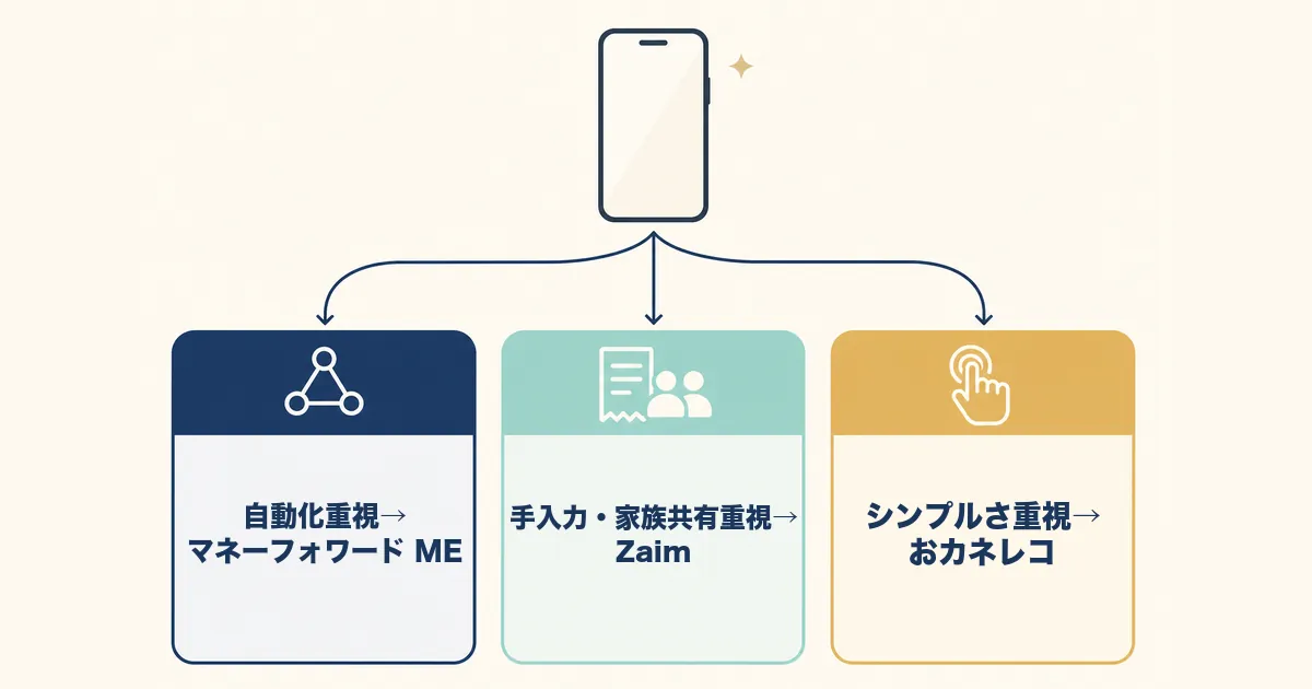 固定費見直し 家計簿アプリ 図解05 家計簿アプリ選び方フローチャート|固定費見直しにおすすめの家計簿アプリ3選