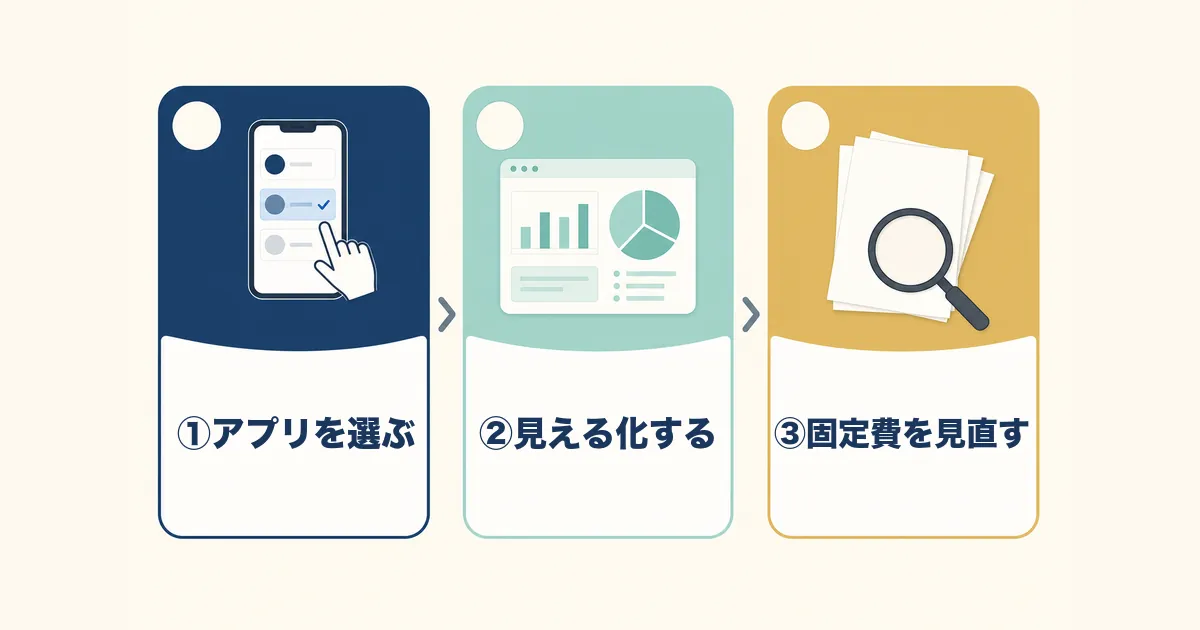 固定費見直し 家計簿アプリ 図解06 家計簿アプリ活用3ステップ まとめ|固定費見直しにおすすめの家計簿アプリ3選