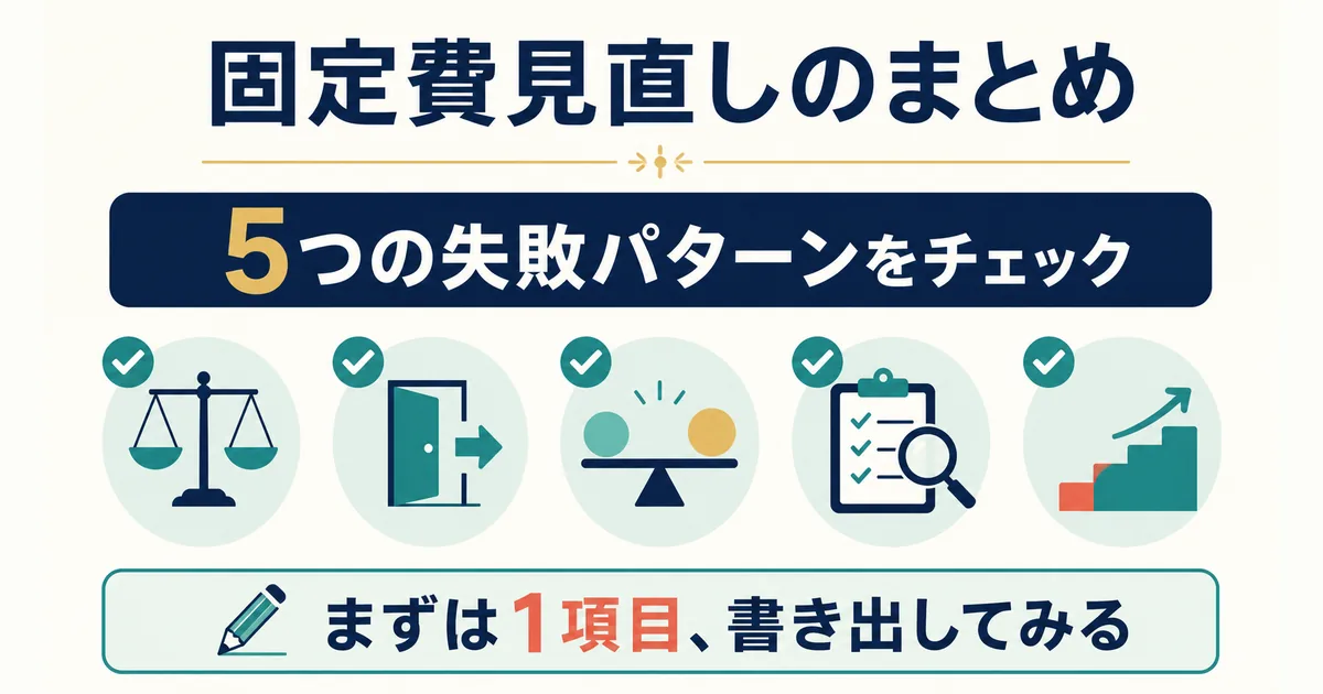 固定費見直しの5つの失敗パターンと次の行動を示すまとめ図解