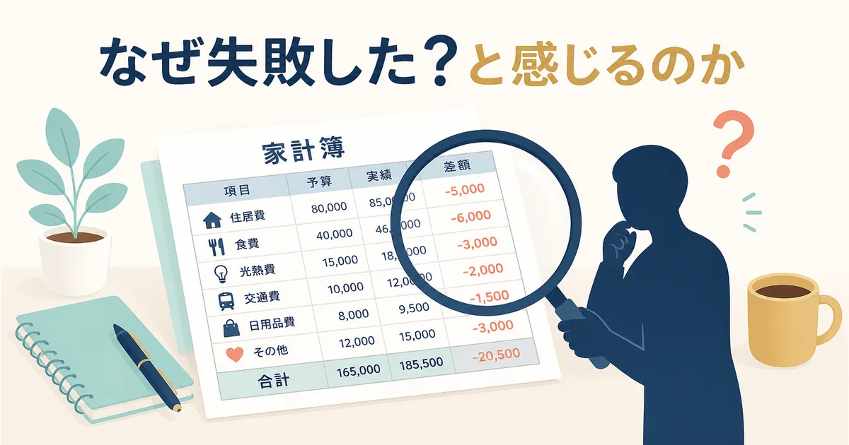 固定費の見直しで失敗したと感じる理由を家計簿で確認するイラスト