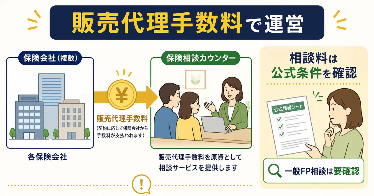 保険の無料相談が成り立つ販売代理手数料モデルの図解｜固定費見直しをFPに相談すべき？保険の無料相談を使う際の注意点