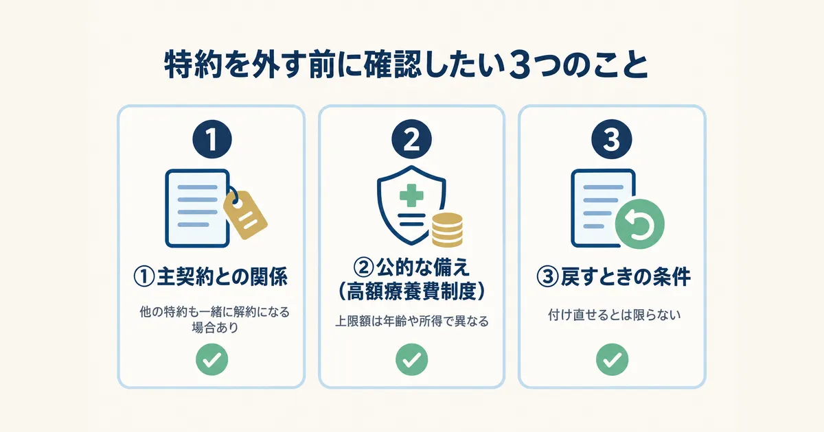 固定費見直し 体験談 図解04 保険の特約を外す前に確認したい3つのことを示す図解|固定費見直しの体験談|元国税局員が月2万円以上浮かせた4項目の順番
