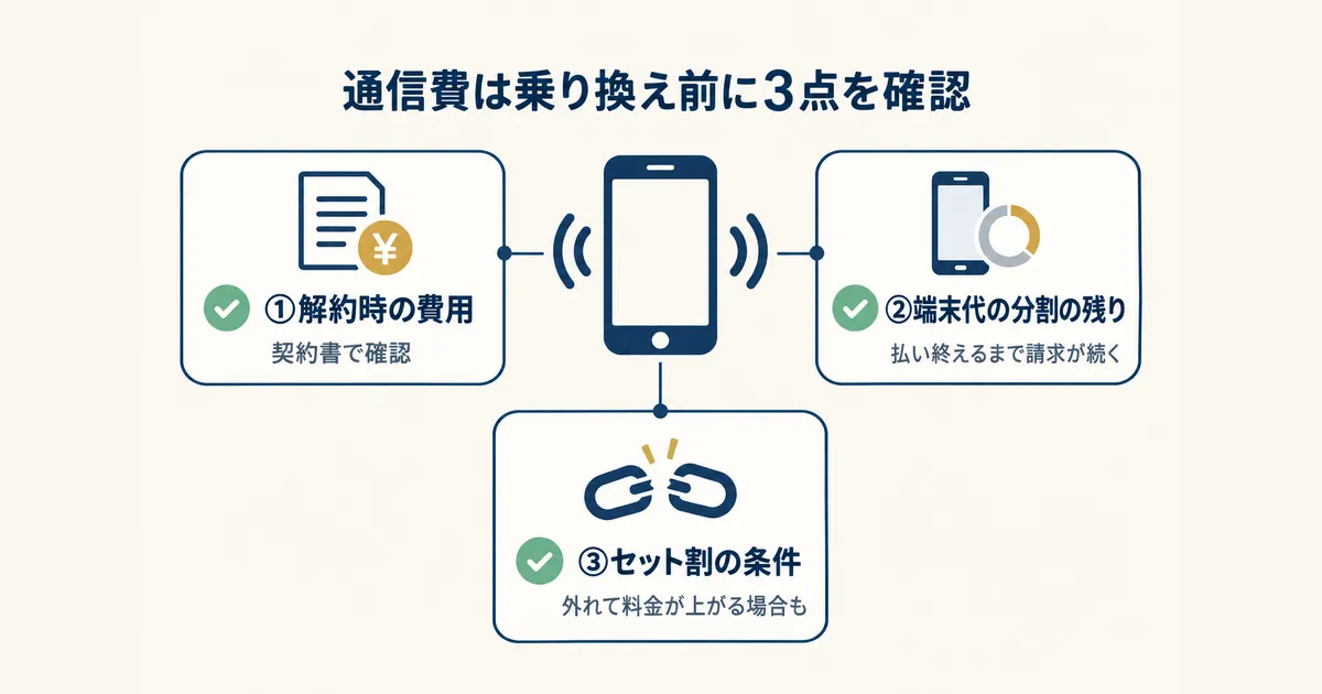 固定費見直し 体験談 図解05 通信費を乗り換える前に確認する3点を示す図解|固定費見直しの体験談|元国税局員が月2万円以上浮かせた4項目の順番