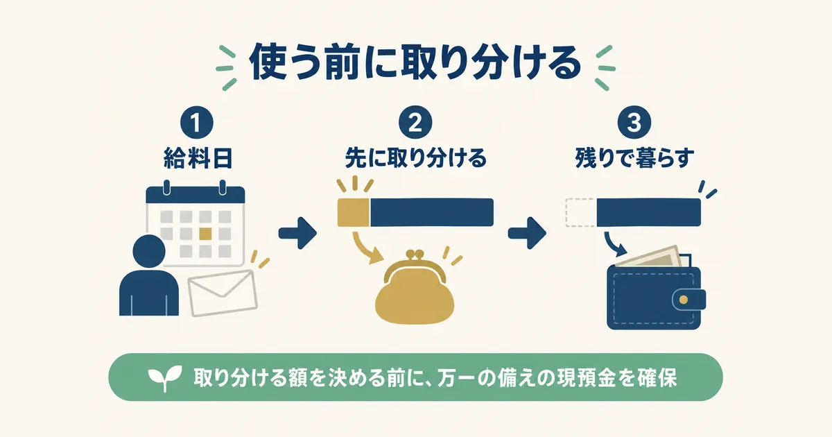 固定費見直し 体験談 図解07 給料日に先に取り分けてから残りで暮らす先取りのフロー図|固定費見直しの体験談|元国税局員が月2万円以上浮かせた4項目の順番