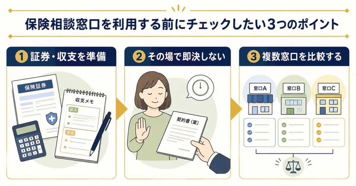 保険の無料相談を利用する前に確認したい3つの注意点フロー図｜固定費見直しをFPに相談すべき？保険の無料相談を使う際の注意点