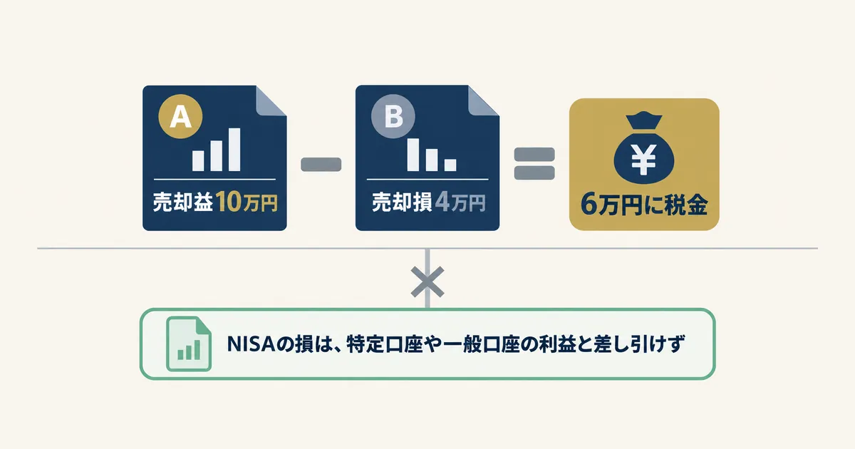 損益通算の例とNISAの損 課税口座での上場株式の売却益10万円と売却損4万円を差し引いて6万円になる例と、NISAの損はほかの口座の利益と差し引けないことを示した図解