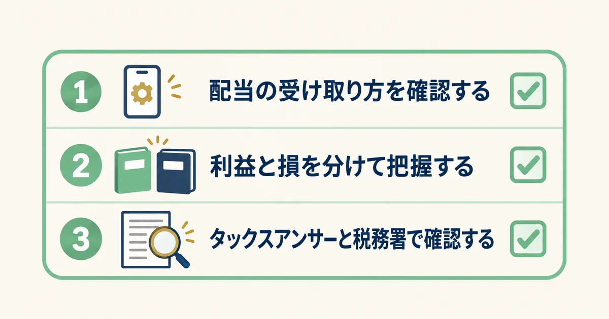 NISAの税金で確認する3つのこと 配当の受取方法、口座ごとの損益、タックスアンサーと税務署の3つの確認をチェックリストにした図解