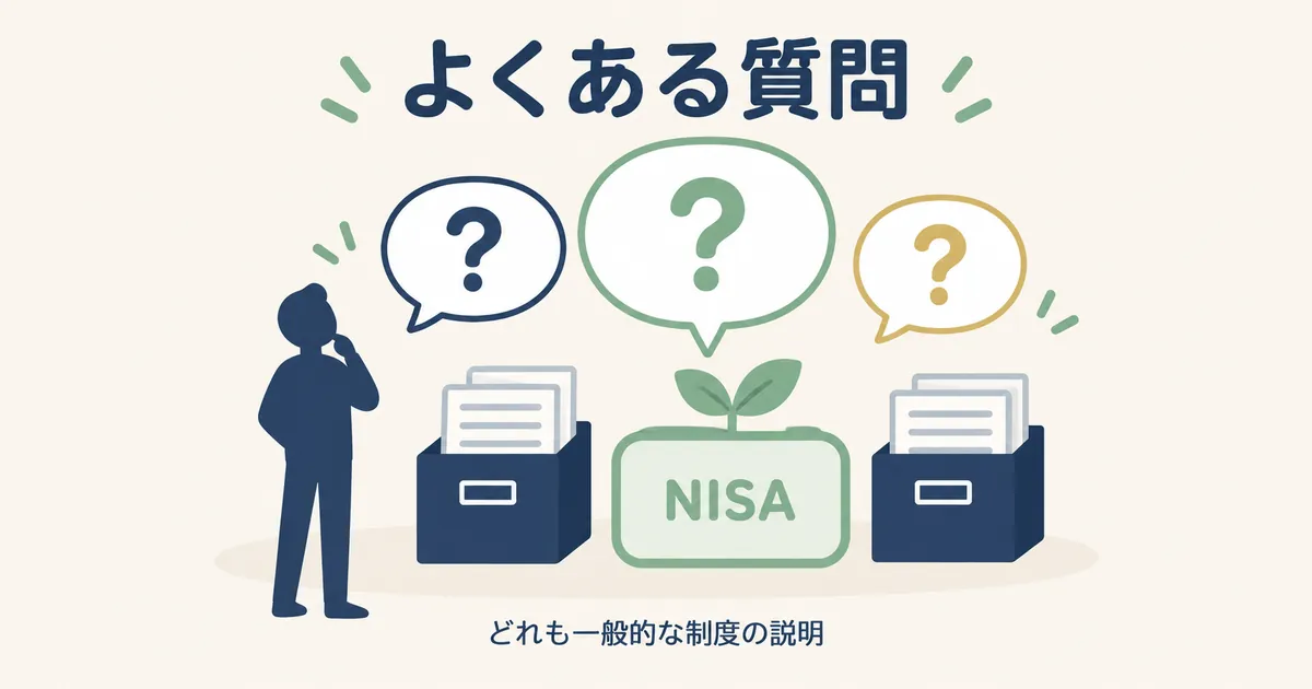 NISAと確定申告のよくある質問 3つの質問の吹き出しと、そばに置かれたNISAの緑の箱のイラスト