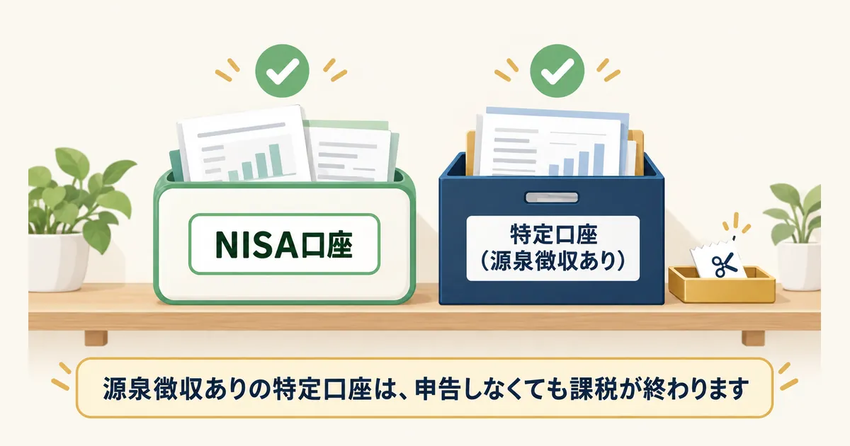 NISA口座と特定口座の違い NISA口座と源泉徴収ありの特定口座を棚に並べ、申告がいらない理由の違いを示したイラスト