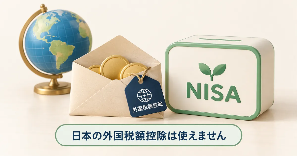 NISAの外国株配当は日本の外国税額控除の対象外 地球儀の記号が付いた配当の封筒と、NISA口座を表す緑の箱を机上に置いたイラスト