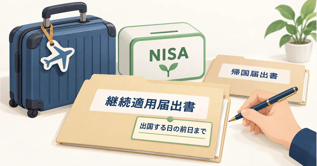 海外転勤のときのNISAの届け出 荷物とNISAの緑の箱を背景に、出国前の継続適用届出書と帰国届出書を並べた机上のイラスト