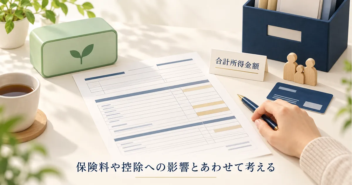 申告すると保険料や控除に影響することも 申告書と保険のカード、家族の小物を机上に並べ、申告の影響を考える場面のイラスト