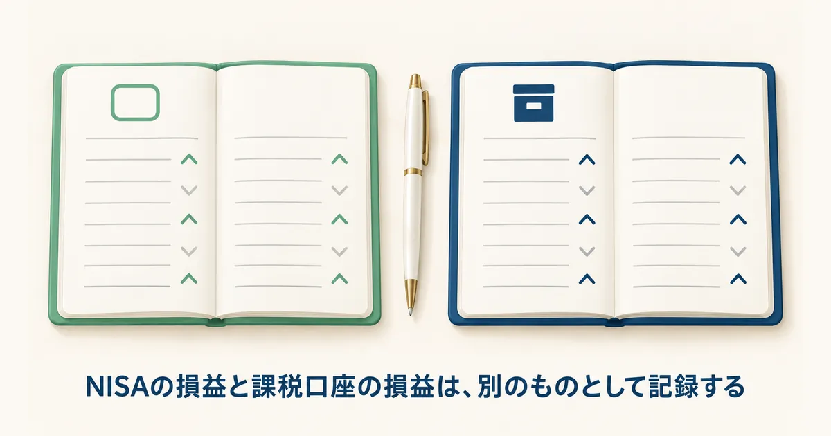 口座ごとに損益を分けて記録 緑と紺の2冊のノートに、NISAと課税口座の損益を分けて記録しているイラスト