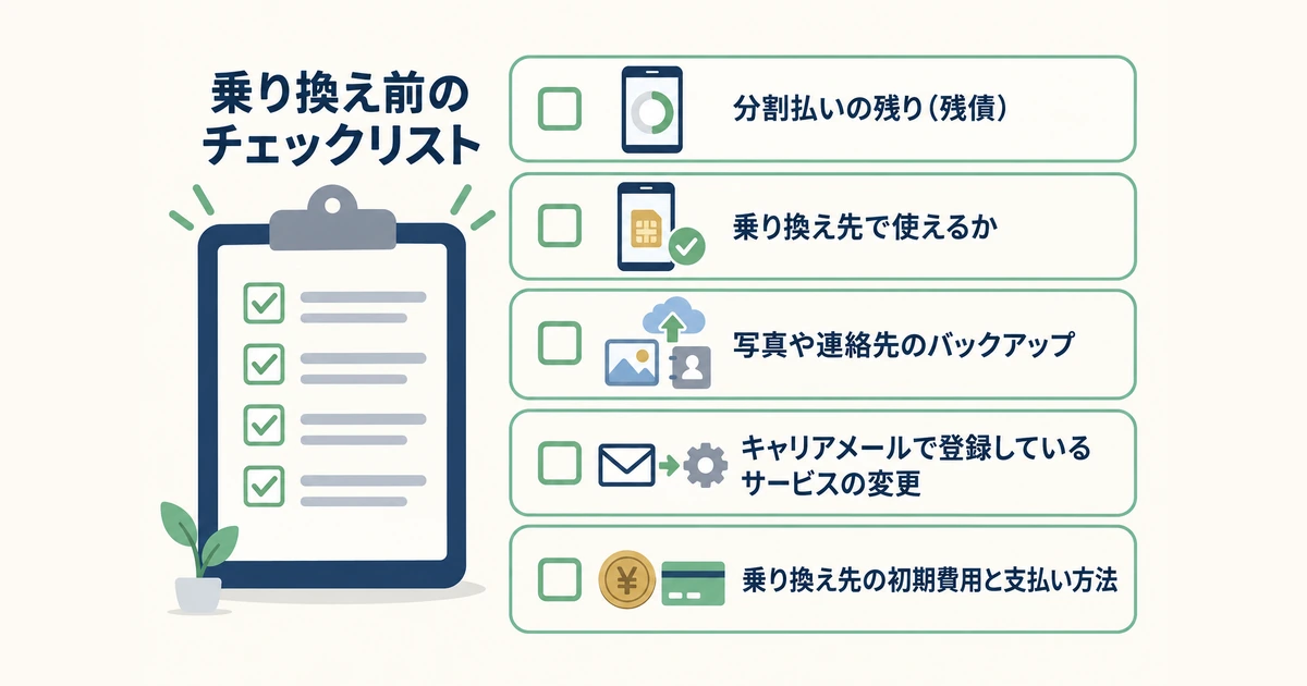 格安SIM乗り換え前のチェックリスト 格安SIMへの乗り換え前のチェックリスト5項目(分割払いの残り、乗り換え先で使えるか、写真や連絡先のバックアップ、キャリアメールで登録しているサービスの変更、初期費用と支払い方法)