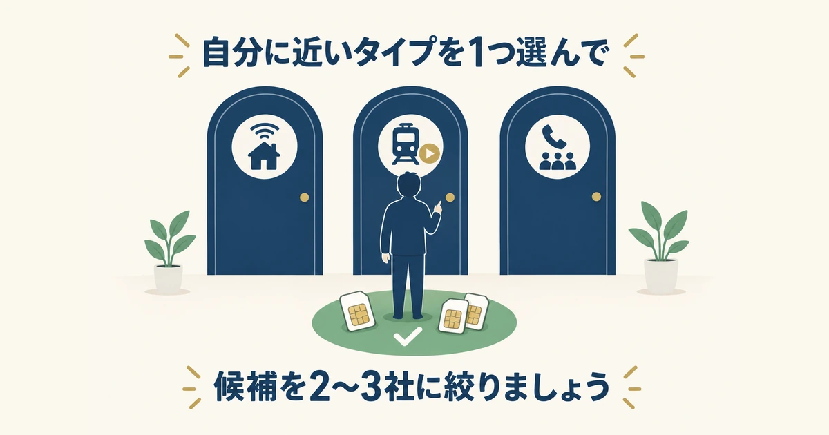 自分に近いタイプを選ぶ Wi-Fiの家、通勤電車、受話器と家族の3つの扉の前で、1つを選ぼうとする人を描いたイラスト
