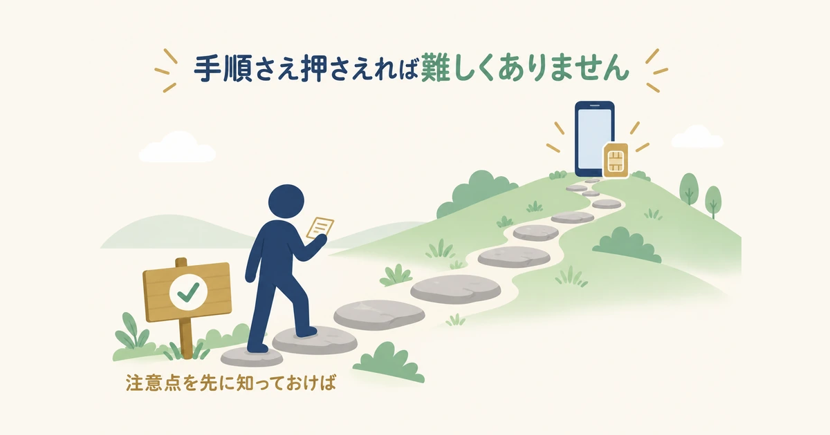 注意点を知ってから進む 飛び石の小道の入口で、注意点のメモを確認してから歩き出す人を描いたイラスト