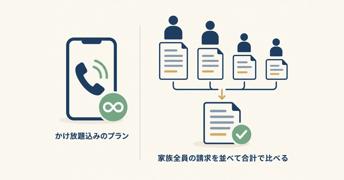家族の請求は合計で比べる 左に受話器と通話の波、右に家族分の請求明細を横に並べて合計の1枚にまとめる様子を描いたイラスト